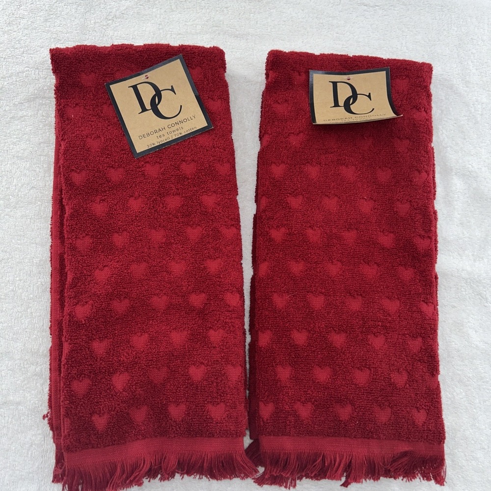 Deborah Connolly Red Heart‎ Pattern Bath Tea Towels 2- Sets of 2 Fringe Trim NEW